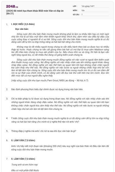 (2024) Đề minh họa tham khảo BGD môn Văn có đáp án (Đề 21)