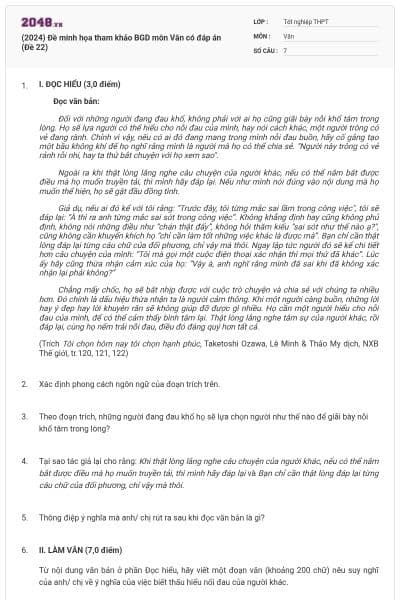 (2024) Đề minh họa tham khảo BGD môn Văn có đáp án (Đề 22)