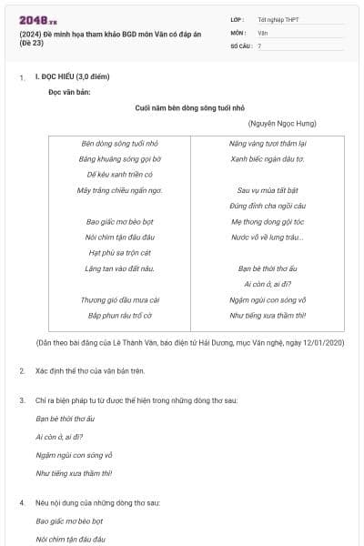 (2024) Đề minh họa tham khảo BGD môn Văn có đáp án (Đề 23)