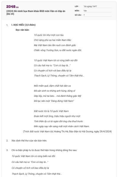 (2024) Đề minh họa tham khảo BGD môn Văn có đáp án (Đề 24)
