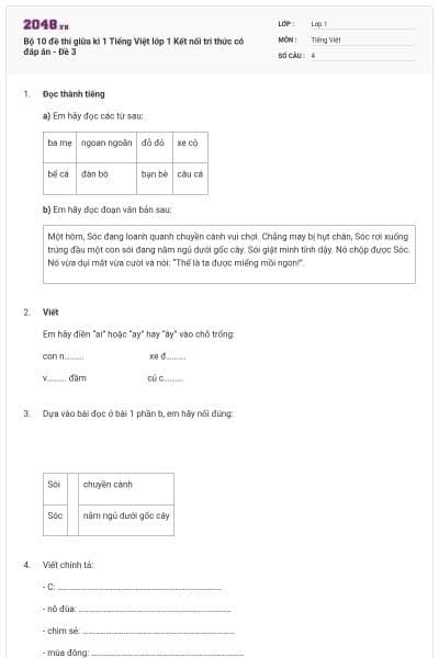 Bộ 10 đề thi giữa kì 1 Tiếng Việt lớp 1 Kết nối tri thức có đáp án - Đề 3