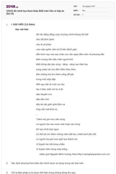 (2024) Đề minh họa tham khảo BGD môn Văn có đáp án (Đề 25)