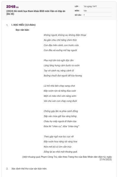 (2024) Đề minh họa tham khảo BGD môn Văn có đáp án (Đề 26)