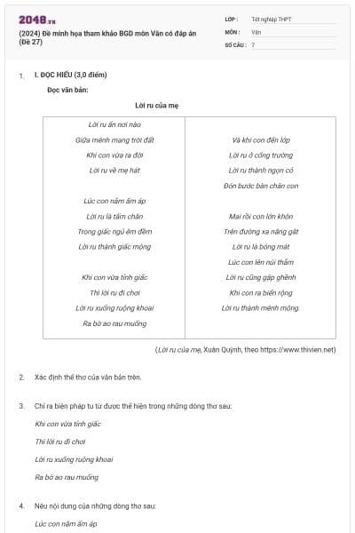 (2024) Đề minh họa tham khảo BGD môn Văn có đáp án (Đề 27)