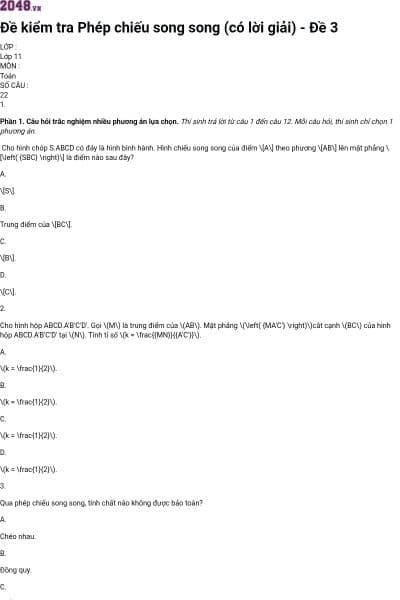Đề kiểm tra Phép chiếu song song (có lời giải) - Đề 3