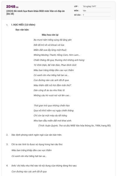 (2024) Đề minh họa tham khảo BGD môn Văn có đáp án (Đề 28)
