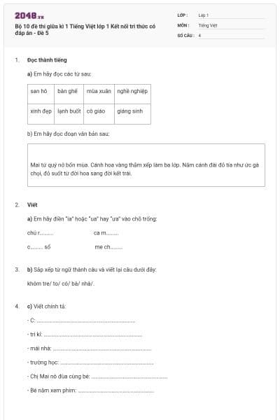 Bộ 10 đề thi giữa kì 1 Tiếng Việt lớp 1 Kết nối tri thức có đáp án - Đề 5