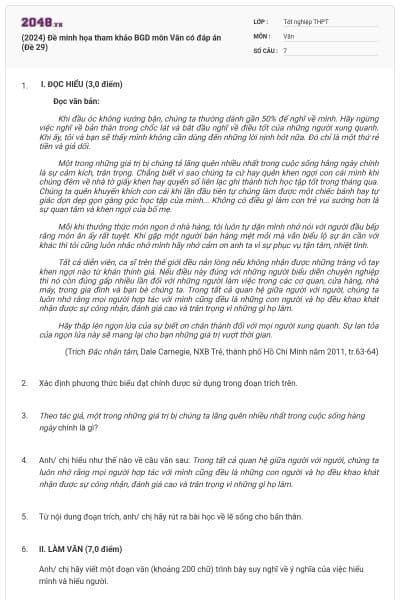 (2024) Đề minh họa tham khảo BGD môn Văn có đáp án (Đề 29)