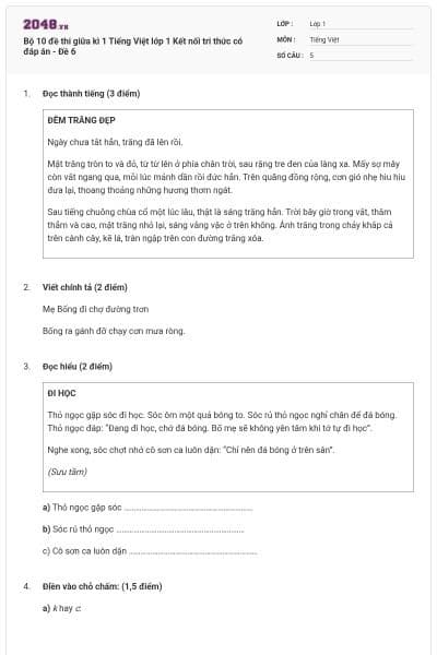 Bộ 10 đề thi giữa kì 1 Tiếng Việt lớp 1 Kết nối tri thức có đáp án - Đề 6