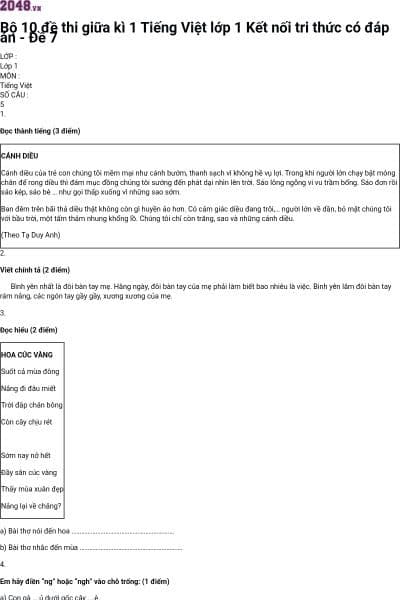 Bộ 10 đề thi giữa kì 1 Tiếng Việt lớp 1 Kết nối tri thức có đáp án - Đề 7