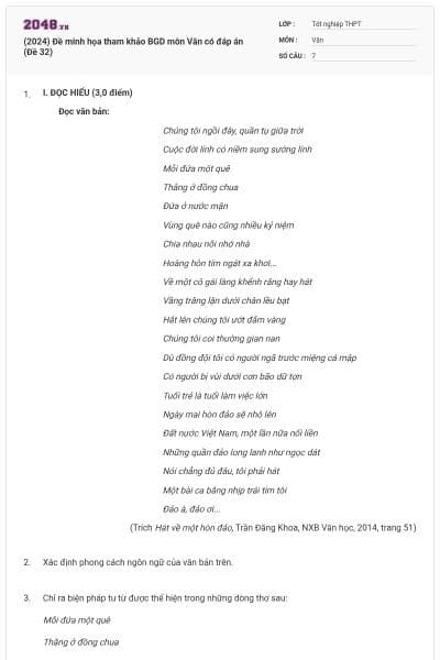 (2024) Đề minh họa tham khảo BGD môn Văn có đáp án (Đề 32)