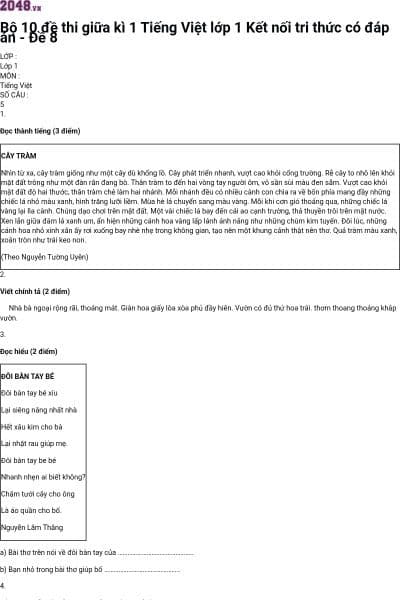 Bộ 10 đề thi giữa kì 1 Tiếng Việt lớp 1 Kết nối tri thức có đáp án - Đề 8