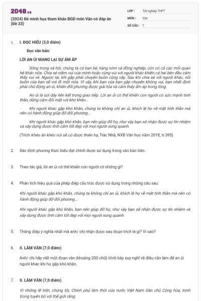 (2024) Đề minh họa tham khảo BGD môn Văn có đáp án (Đề 33)