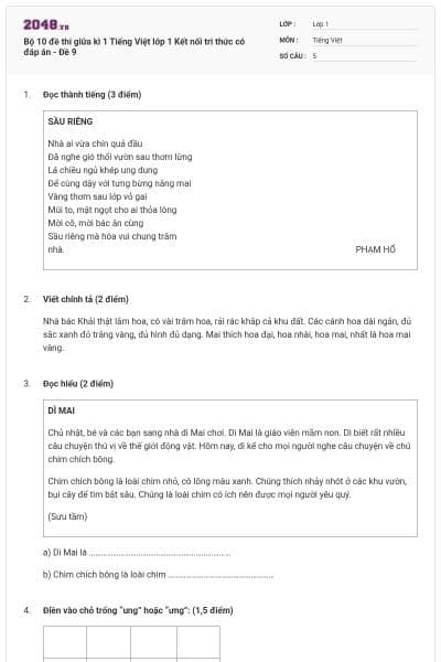 Bộ 10 đề thi giữa kì 1 Tiếng Việt lớp 1 Kết nối tri thức có đáp án - Đề 9