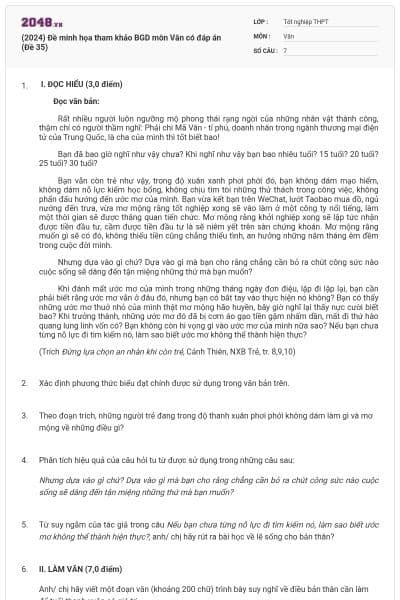 (2024) Đề minh họa tham khảo BGD môn Văn có đáp án (Đề 35)