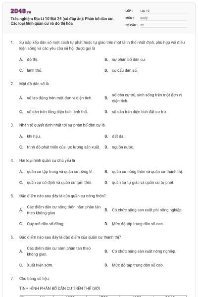 Trắc nghiệm Địa Lí 10 Bài 24 (có đáp án): Phân bố dân cư. Các loại hình quần cư và đô thị hóa