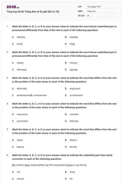 Tổng hợp đề thi Tiếng Anh có lời giải (Đề số 18)