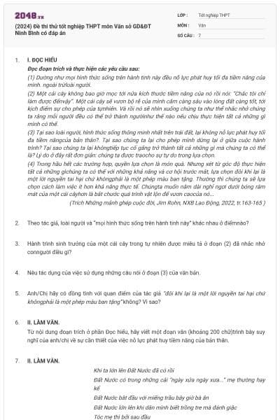(2024) Đề thi thử tốt nghiệp THPT môn Văn sở GD&ĐT Ninh Bình có đáp án