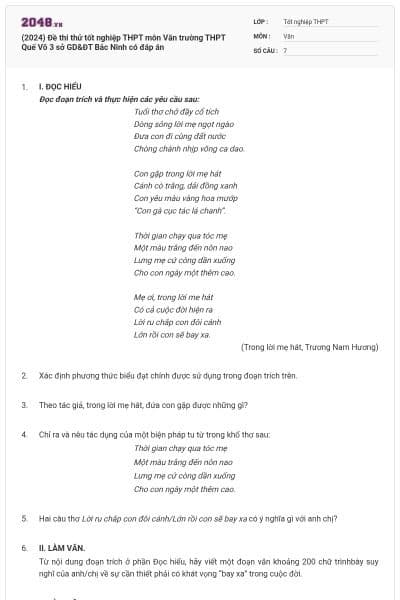 (2024) Đề thi thử tốt nghiệp THPT môn Văn trường THPT Quế Võ 3 sở GD&ĐT Bắc Ninh có đáp án