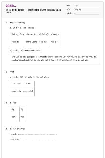 Bộ 10 đề thi giữa kì 1 Tiếng Việt lớp 1 Cánh diều có đáp án - Đề 1