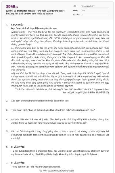 (2024) Đề thi thử tốt nghiệp THPT môn Văn trường THPT Lê Xoay lần 2 sở GD&ĐT Vĩnh Phúc có đáp án