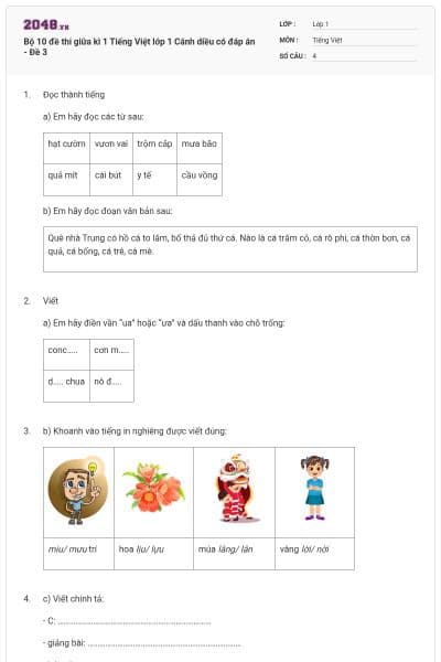 Bộ 10 đề thi giữa kì 1 Tiếng Việt lớp 1 Cánh diều có đáp án - Đề 3