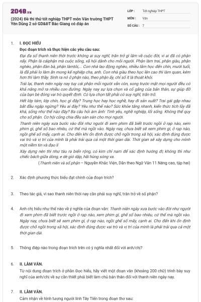 (2024) Đề thi thử tốt nghiệp THPT môn Văn trường THPT Yên Dũng 2 sở GD&ĐT Bắc Giang có đáp án