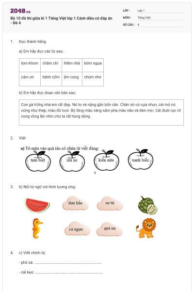 Bộ 10 đề thi giữa kì 1 Tiếng Việt lớp 1 Cánh diều có đáp án - Đề 4