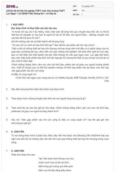 (2024) Đề thi thử tốt nghiệp THPT môn Văn trường THPT Lục Ngạn 1 sở GD&ĐT Bắc Giang lần 1 có đáp án