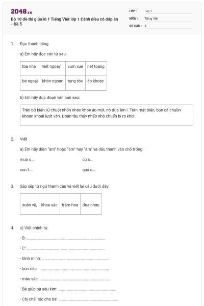 Bộ 10 đề thi giữa kì 1 Tiếng Việt lớp 1 Cánh diều có đáp án - Đề 5