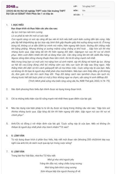 (2024) Đề thi thử tốt nghiệp THPT môn Văn trường THPT Đội Cấn sở GD&ĐT Vĩnh Phúc lần 1 có đáp án