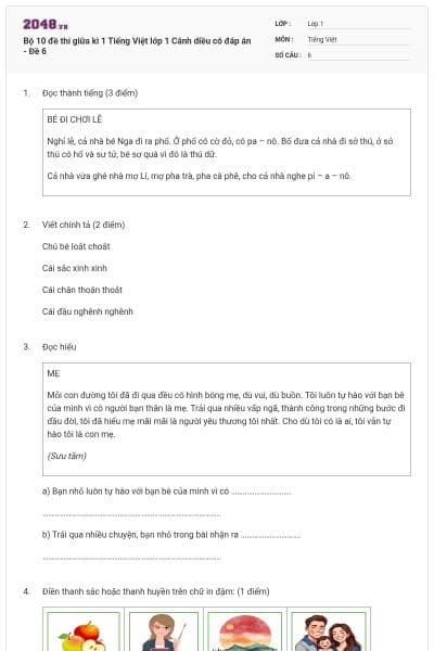 Bộ 10 đề thi giữa kì 1 Tiếng Việt lớp 1 Cánh diều có đáp án - Đề 6