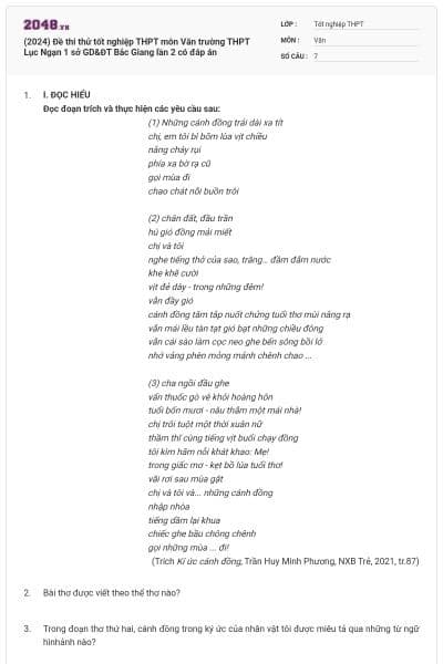 (2024) Đề thi thử tốt nghiệp THPT môn Văn trường THPT Lục Ngạn 1 sở GD&ĐT Bắc Giang lần 2 có đáp án