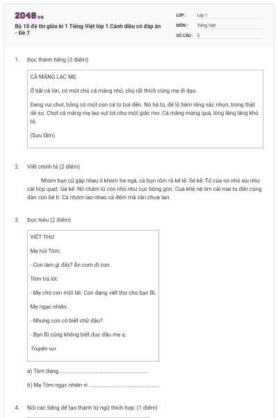 Bộ 10 đề thi giữa kì 1 Tiếng Việt lớp 1 Cánh diều có đáp án - Đề 7