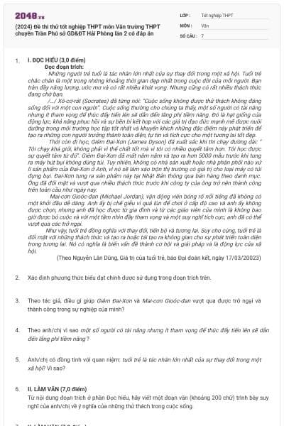(2024) Đề thi thử tốt nghiệp THPT môn Văn trường THPT chuyên Trần Phú sở GD&ĐT Hải Phòng lần 2 có đáp án