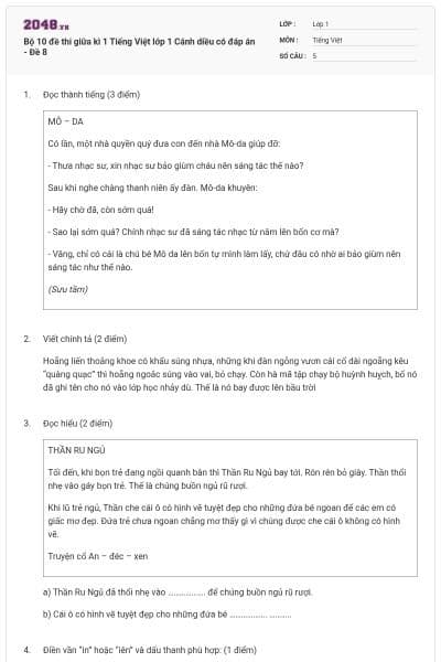 Bộ 10 đề thi giữa kì 1 Tiếng Việt lớp 1 Cánh diều có đáp án - Đề 8