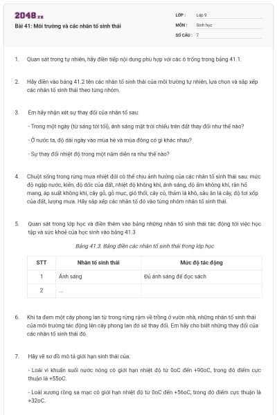 Bài 41: Môi trường và các nhân tố sinh thái