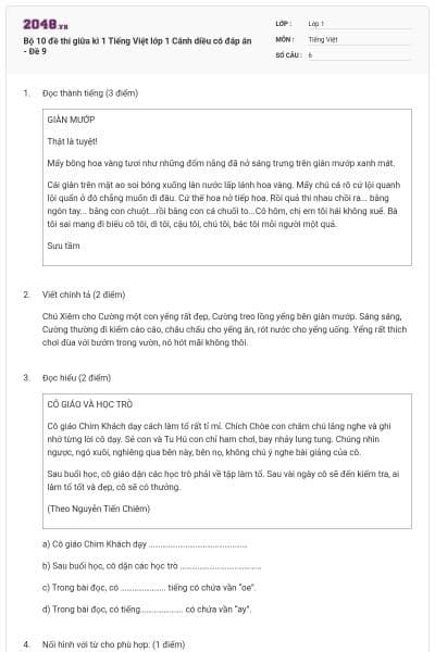 Bộ 10 đề thi giữa kì 1 Tiếng Việt lớp 1 Cánh diều có đáp án - Đề 9