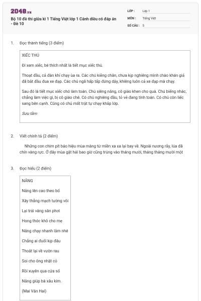 Bộ 10 đề thi giữa kì 1 Tiếng Việt lớp 1 Cánh diều có đáp án - Đề 10