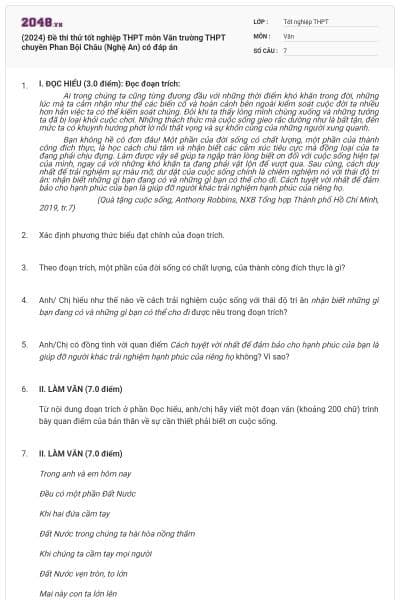 (2024) Đề thi thử tốt nghiệp THPT môn Văn trường THPT chuyên Phan Bội Châu (Nghệ An) có đáp án