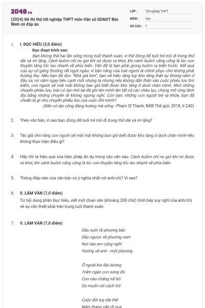 (2024) Đề thi thử tốt nghiệp THPT môn Văn sở GD&ĐT Bắc Ninh có đáp án