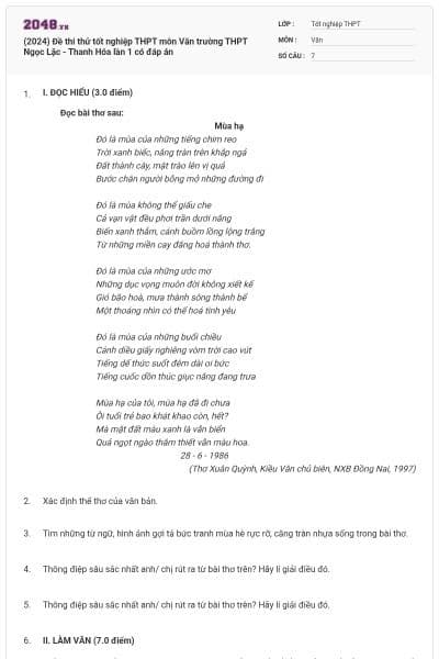 (2024) Đề thi thử tốt nghiệp THPT môn Văn trường THPT Ngọc Lặc - Thanh Hóa lần 1 có đáp án