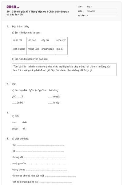 Bộ 10 đề thi giữa kì 1 Tiếng Việt lớp 1 Chân trời sáng tạo có đáp án - Đề 1