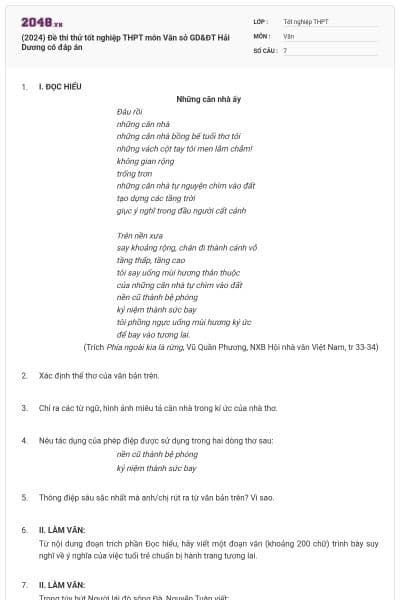(2024) Đề thi thử tốt nghiệp THPT môn Văn sở GD&ĐT Hải Dương có đáp án