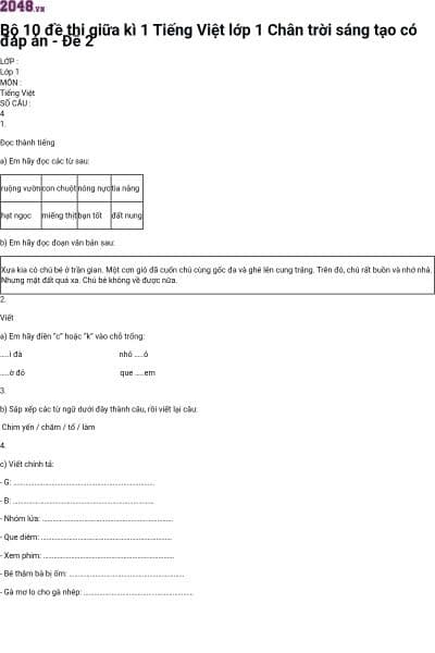 Bộ 10 đề thi giữa kì 1 Tiếng Việt lớp 1 Chân trời sáng tạo có đáp án - Đề 2