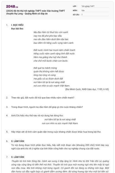 (2024) Đề thi thử tốt nghiệp THPT môn Văn trường THPT chuyên Hạ Long - Quảng Ninh có đáp án