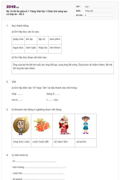 Bộ 10 đề thi giữa kì 1 Tiếng Việt lớp 1 Chân trời sáng tạo có đáp án - Đề 3