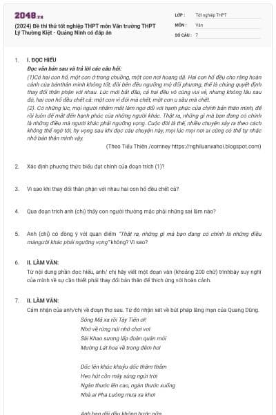(2024) Đề thi thử tốt nghiệp THPT môn Văn trường THPT Lý Thường Kiệt - Quảng Ninh có đáp án