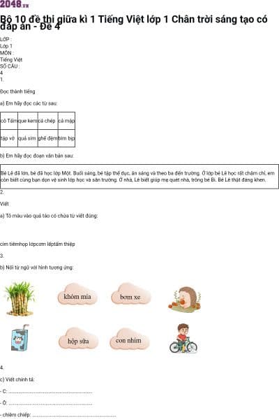 Bộ 10 đề thi giữa kì 1 Tiếng Việt lớp 1 Chân trời sáng tạo có đáp án - Đề 4