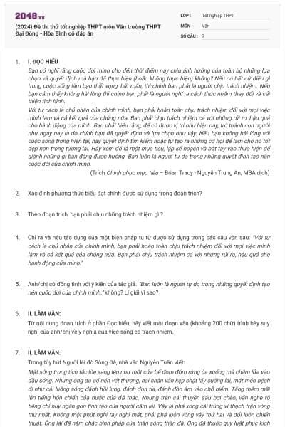 (2024) Đề thi thử tốt nghiệp THPT môn Văn trường THPT Đại Đồng - Hòa Bình có đáp án